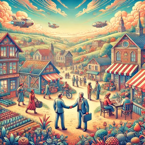 Image of a town where people are shaking hands